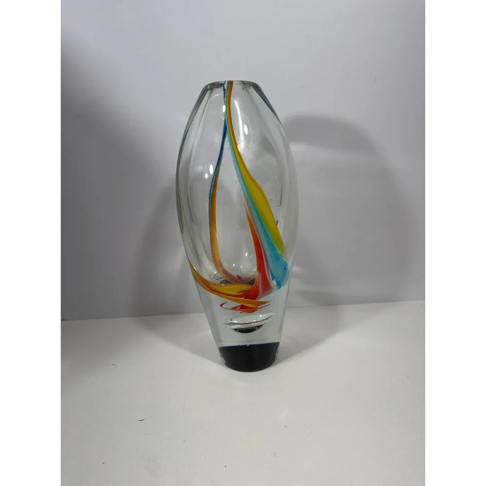 Murano Art Glass Bud Vase Sommerso Style Ribbon Swirl Blue Red Yellow VERY heavy